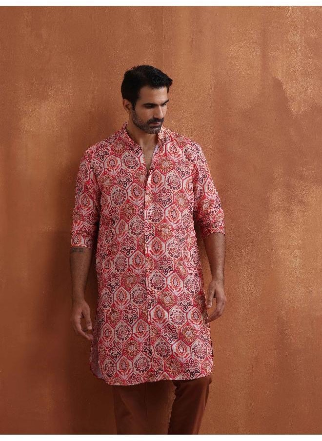 Men's Beige Printed Front Open Kurta