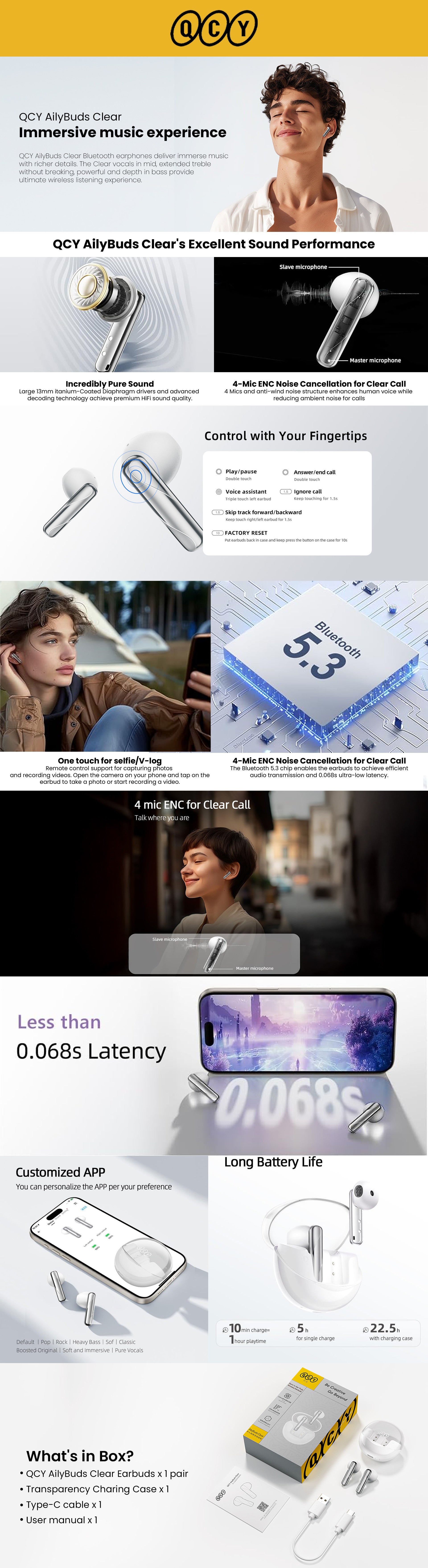 QT32 AilyBuds Clear Wireless Earbuds, 5.3 Bluetooth Connection, 13mm Drivers, Low Latency Mode, In-Ear Lightweight Design, 10-Minutes Quick Charge and 22.5 Hours Long Battery Life - white