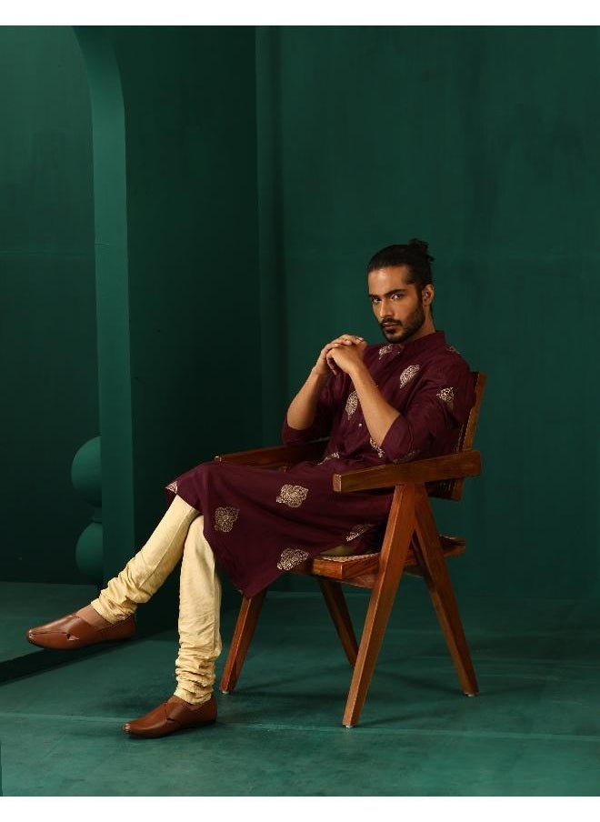 trueBrowns Men's Wine Geometric Viscose Silk Long Kurta