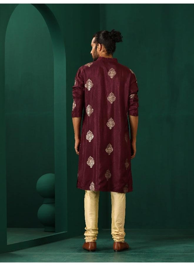 trueBrowns Men's Wine Geometric Viscose Silk Long Kurta