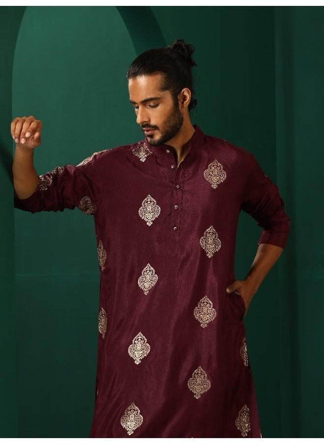 trueBrowns Men's Wine Geometric Viscose Silk Long Kurta