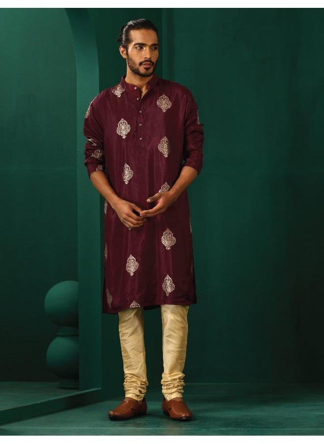 trueBrowns Men's Wine Geometric Viscose Silk Long Kurta