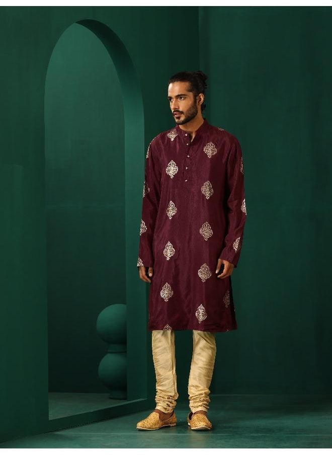 trueBrowns Men's Wine Geometric Viscose Silk Long Kurta