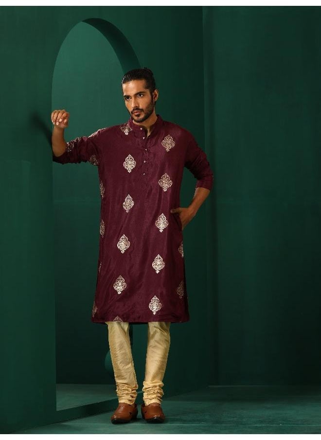 trueBrowns Men's Wine Geometric Viscose Silk Long Kurta