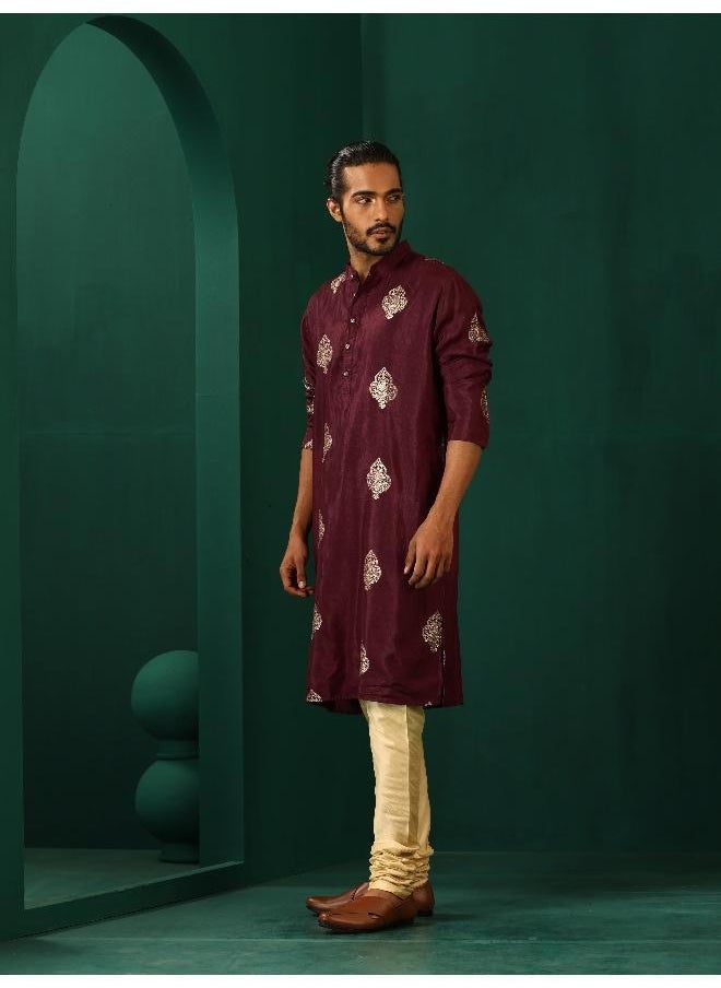 trueBrowns Men's Wine Geometric Viscose Silk Long Kurta
