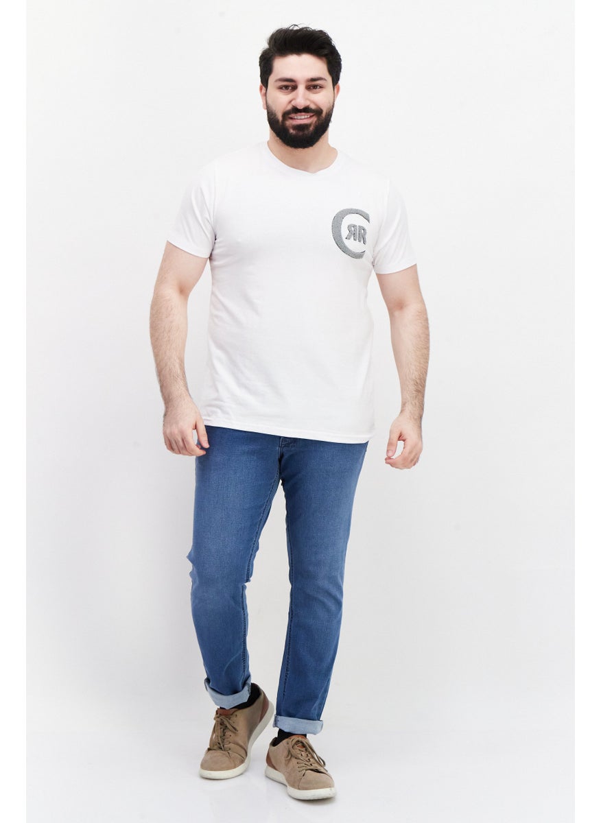 Men Round Neck Short Sleeve Brand Logo T-Shirts, White