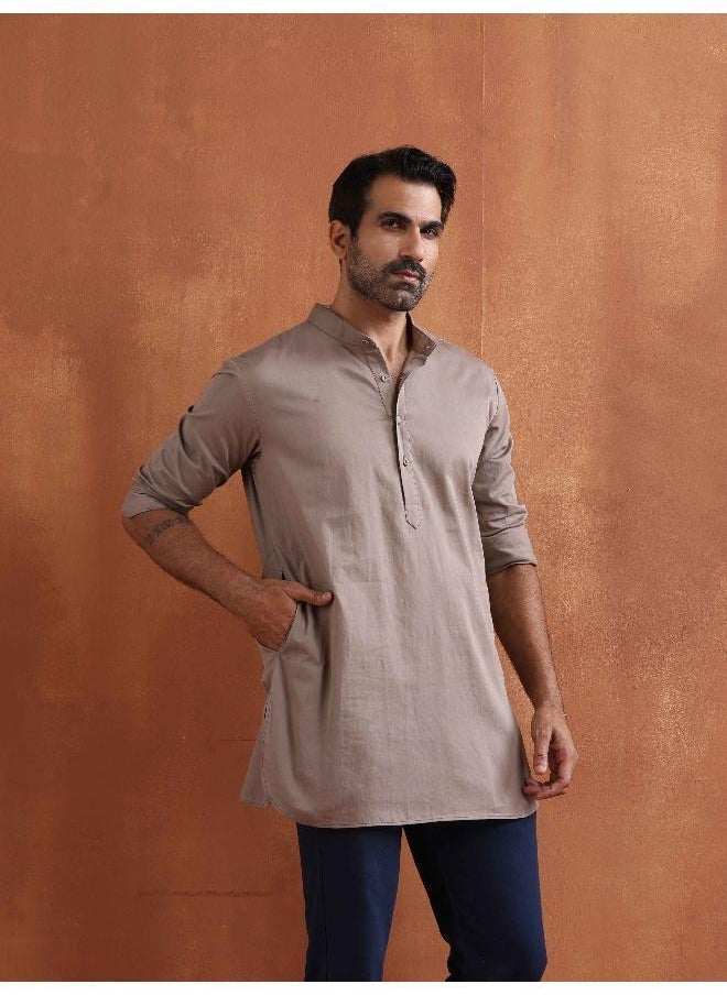 Men's Beige Cotton Short Kurta