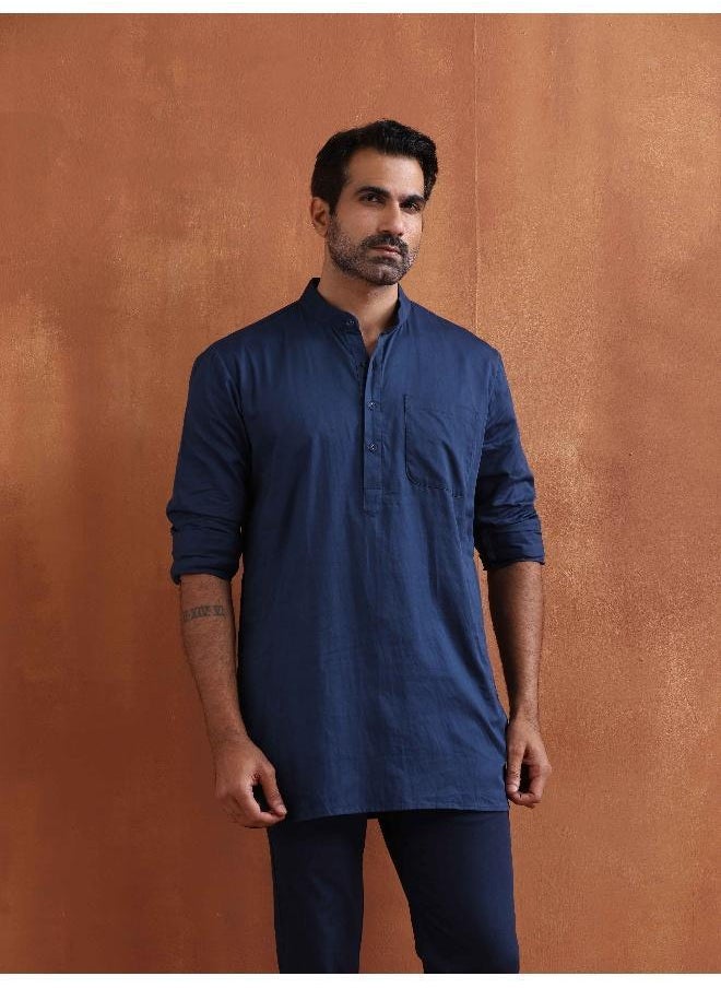 Men's Blue Cotton Short Kurta