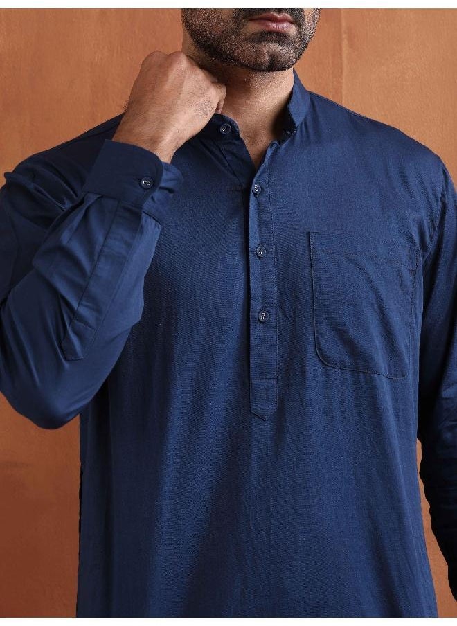 Men's Blue Cotton Short Kurta