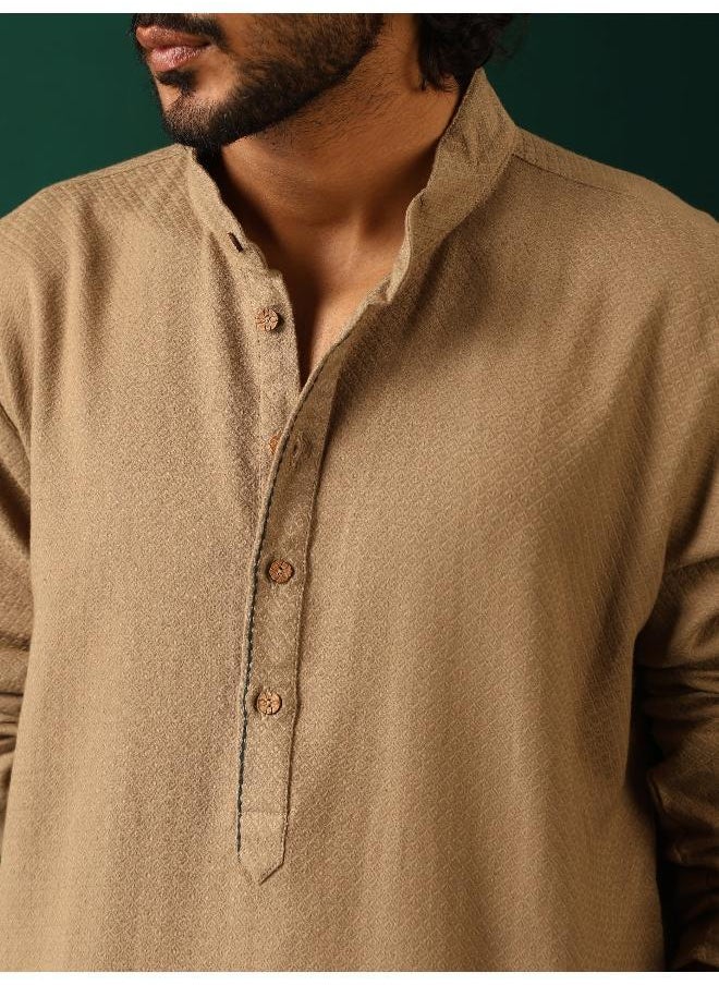 Men's  Beige Dobby Textured Kurta
