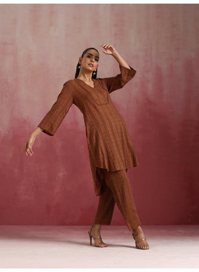 Brown Cotton Dobby Kurta Co-ord set