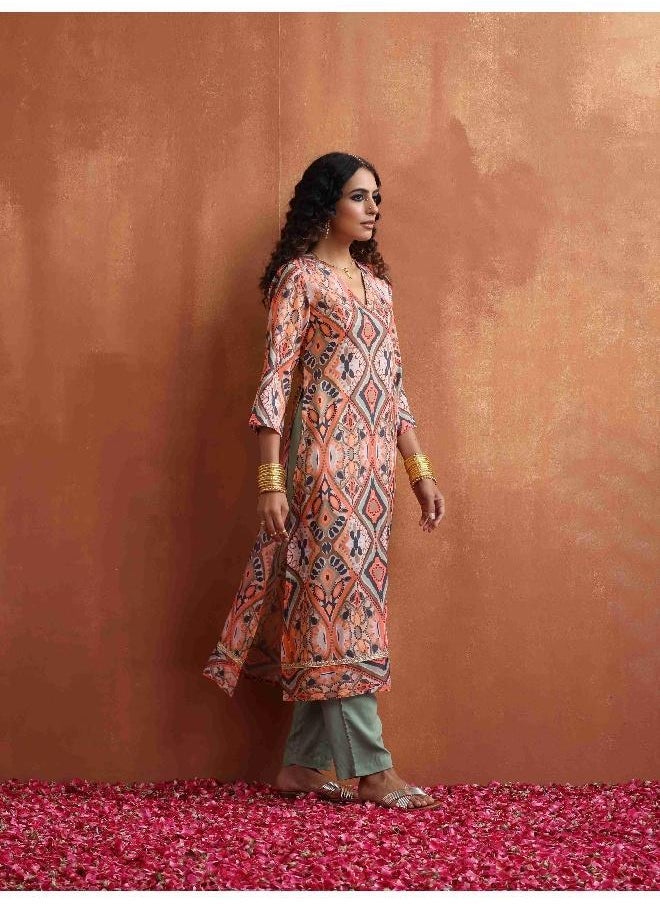 Beige Abstract Print Kurta Set