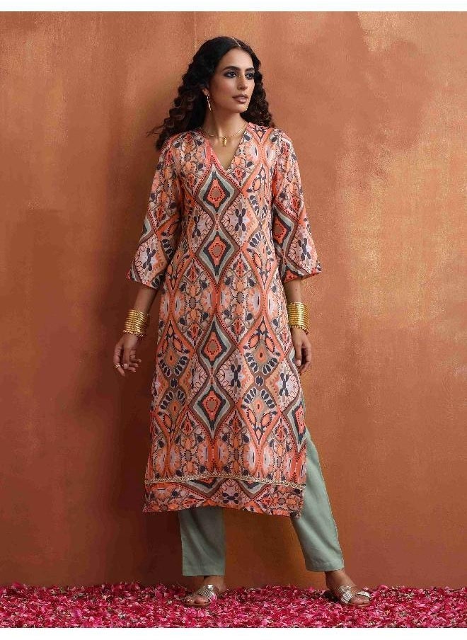 Beige Abstract Print Kurta Set