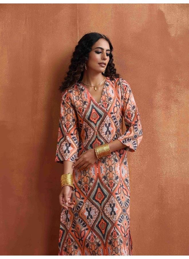 Beige Abstract Print Kurta Set