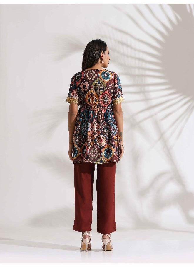 Brown Print Flared Co-ord Set