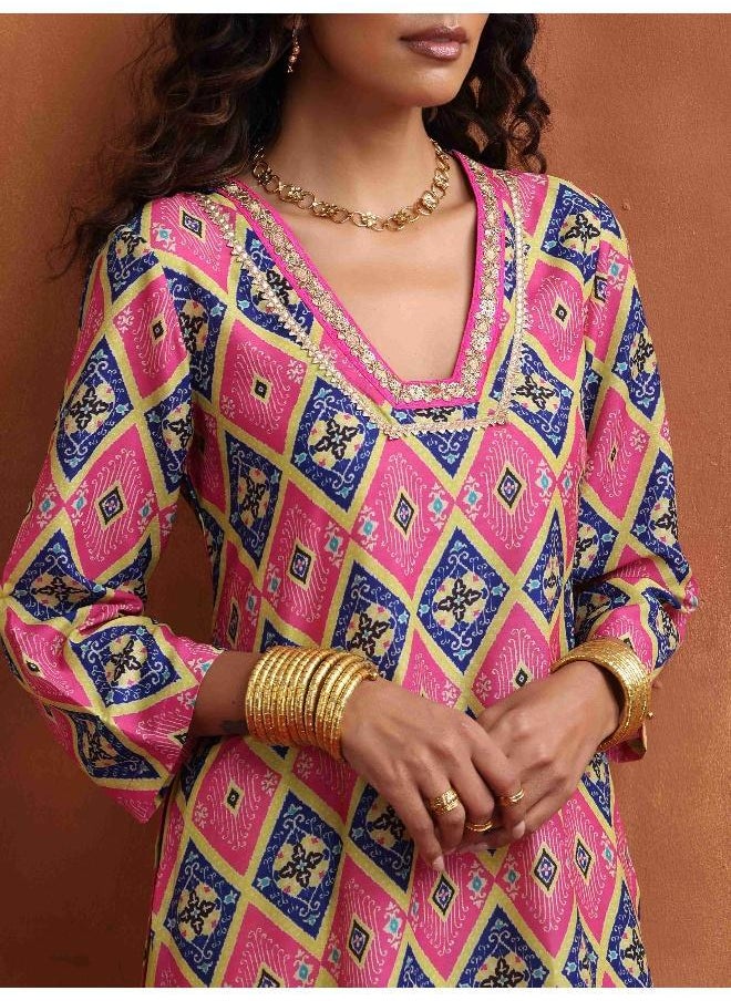 Pink Print High Slit Kurta Set