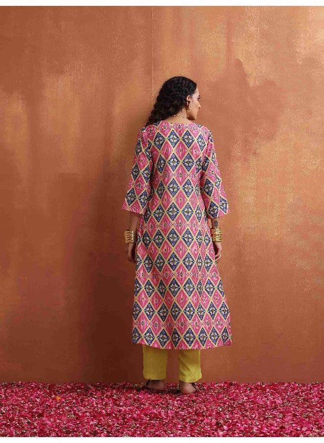 Pink Print High Slit Kurta Set