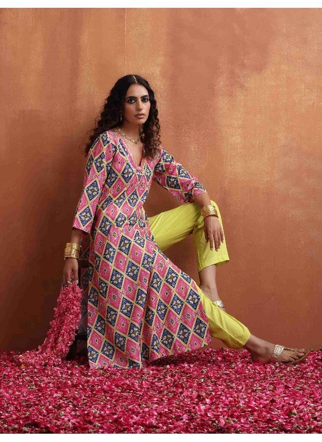 Pink Print High Slit Kurta Set