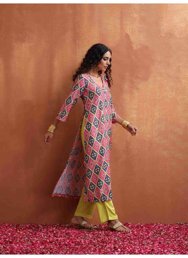 Pink Print High Slit Kurta Set
