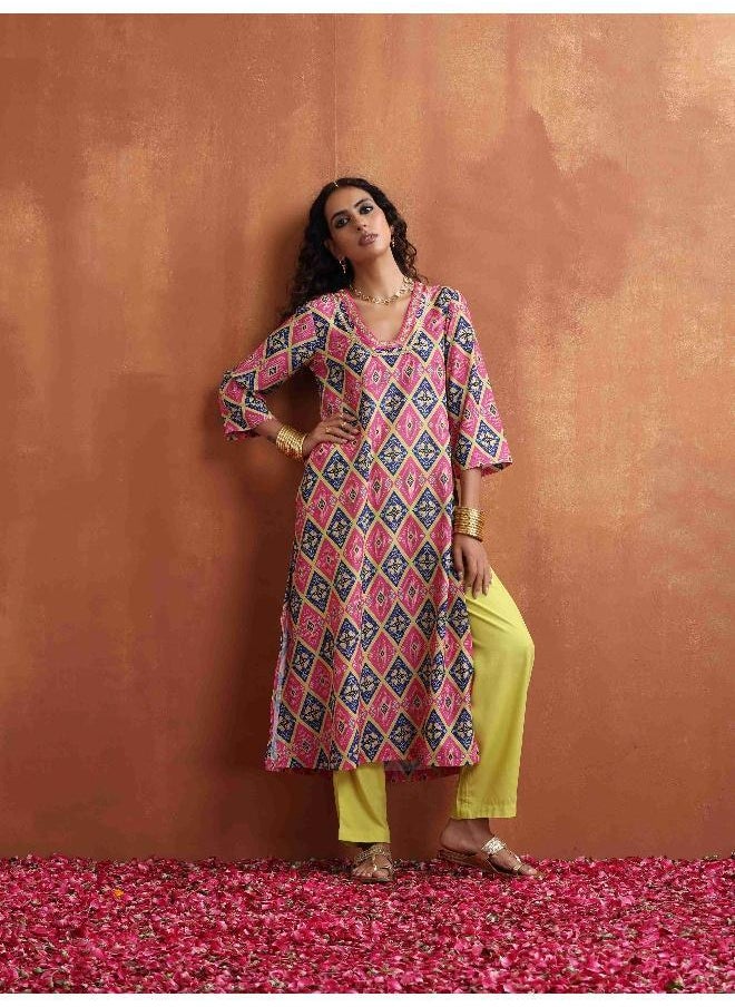 Pink Print High Slit Kurta Set