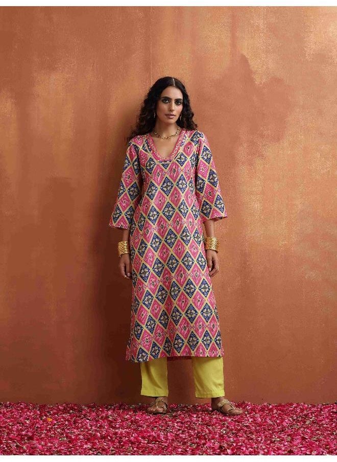 Pink Print High Slit Kurta Set