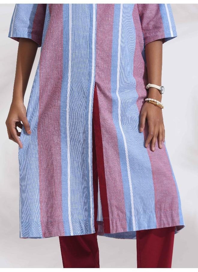 Blue Cotton Stripe Straight Kurta Set