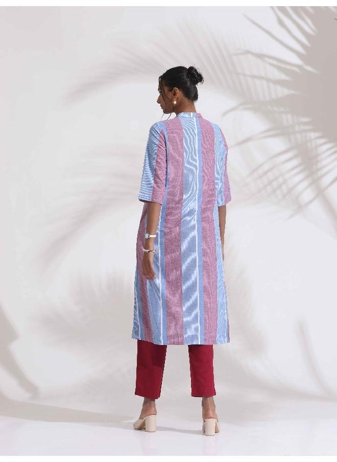 Blue Cotton Stripe Straight Kurta Set