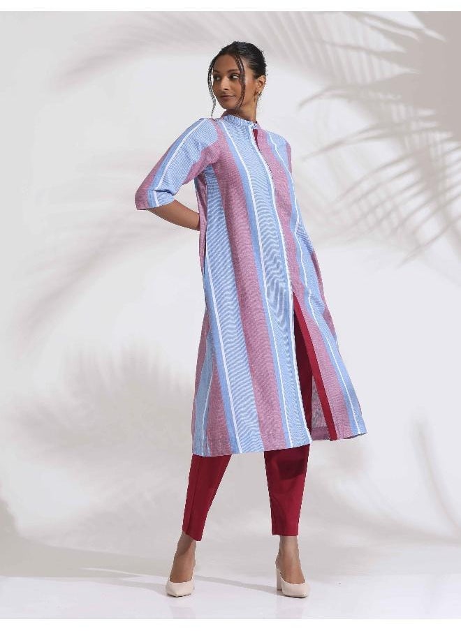 Blue Cotton Stripe Straight Kurta Set
