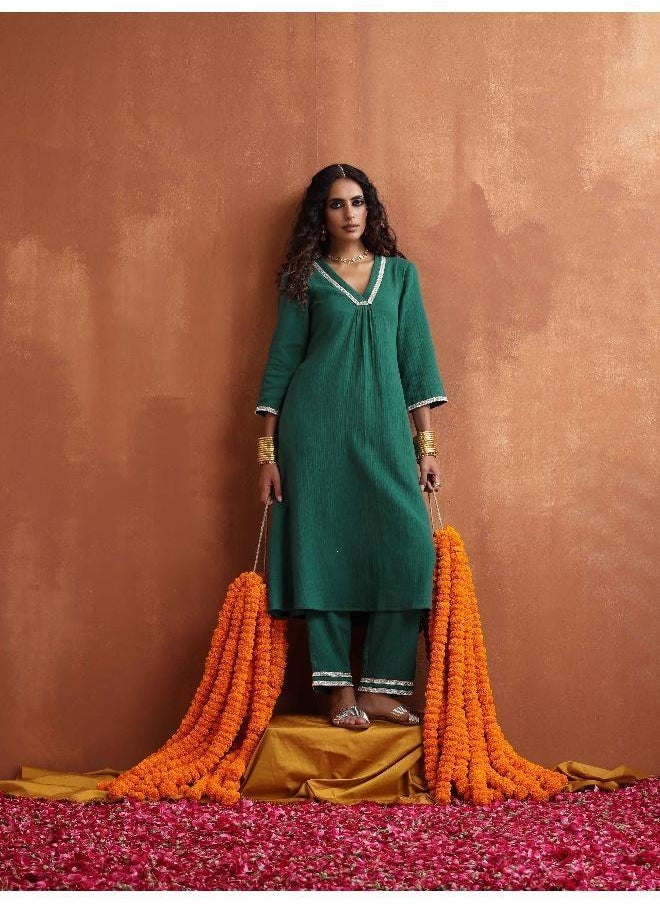 Green Cotton A-line Kurta Set