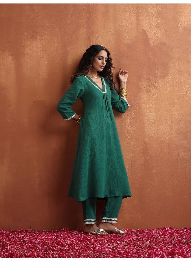 Green Cotton A-line Kurta Set