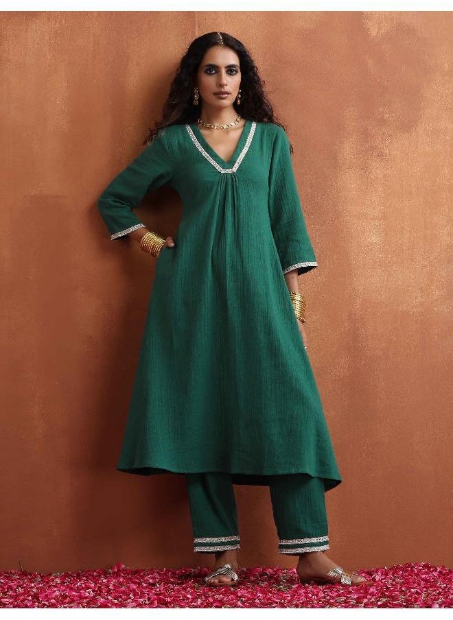 Green Cotton A-line Kurta Set