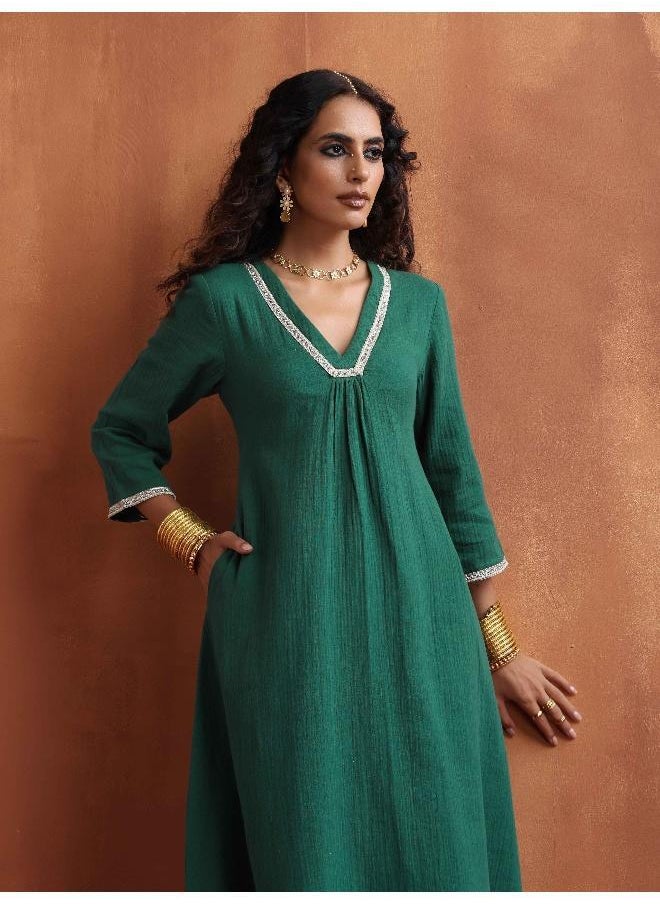 Green Cotton A-line Kurta Set