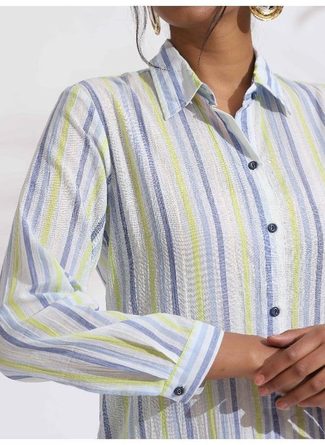 White Cotton Multi Stripe Shirt Kurta Set