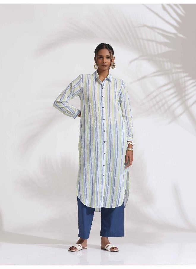 White Cotton Multi Stripe Shirt Kurta Set