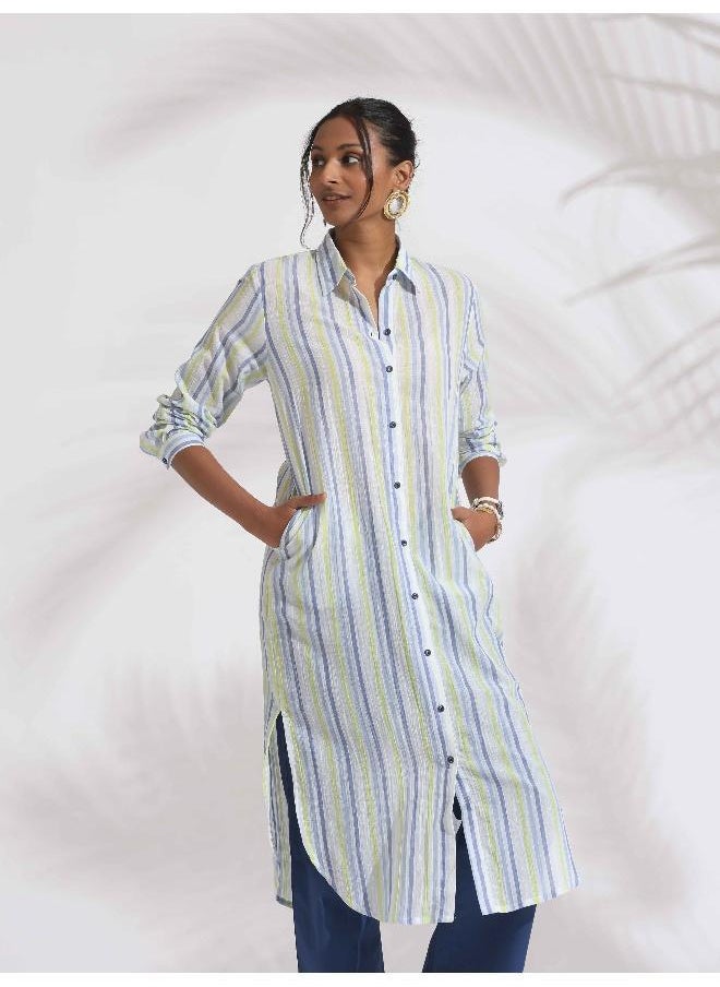 White Cotton Multi Stripe Shirt Kurta Set