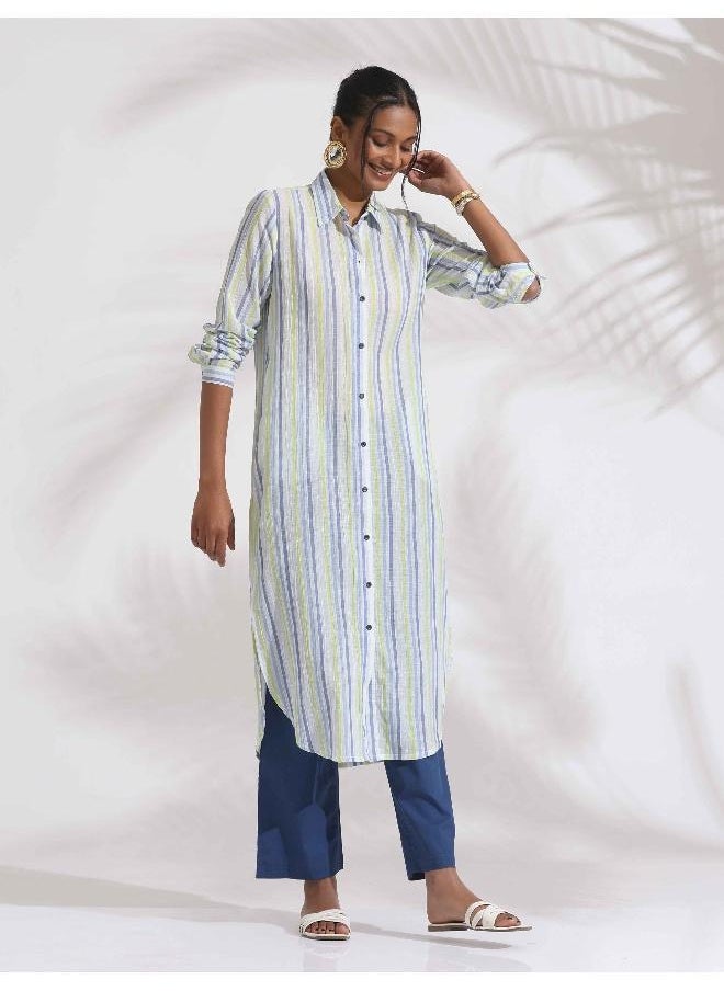 White Cotton Multi Stripe Shirt Kurta Set