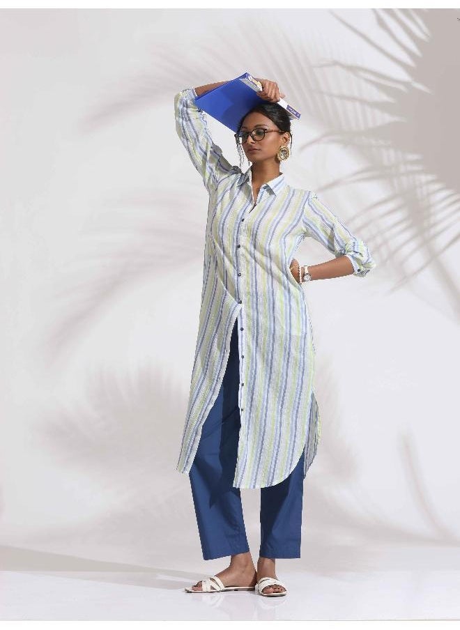White Cotton Multi Stripe Shirt Kurta Set