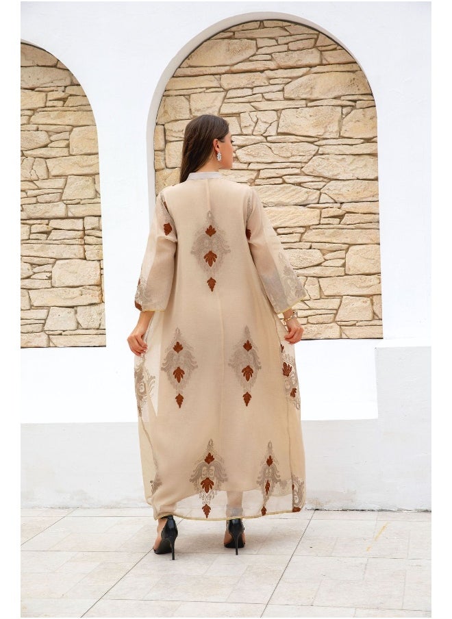 Women's Long Abaya Dress with Beaded Embroidery and Arabic Design
