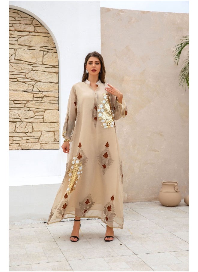 Women's Long Abaya Dress with Beaded Embroidery and Arabic Design