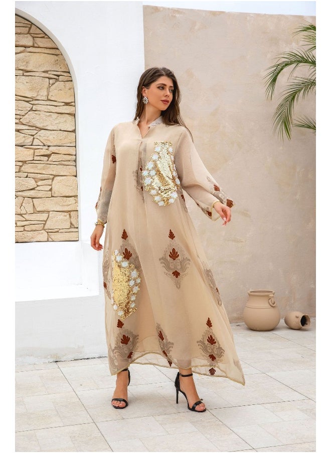Women's Long Abaya Dress with Beaded Embroidery and Arabic Design