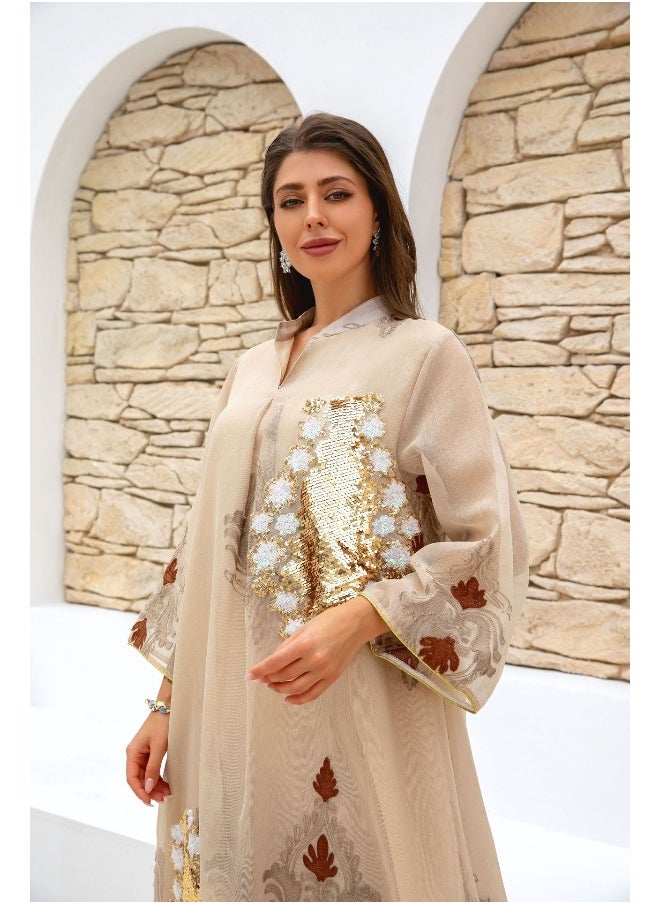Women's Long Abaya Dress with Beaded Embroidery and Arabic Design