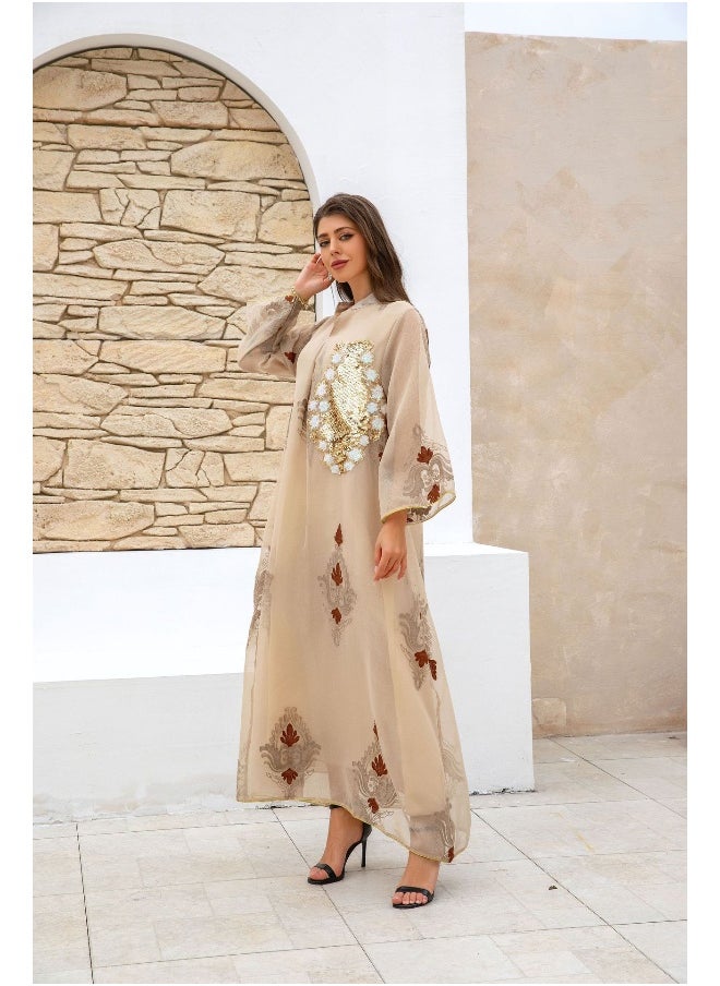 Women's Long Abaya Dress with Beaded Embroidery and Arabic Design