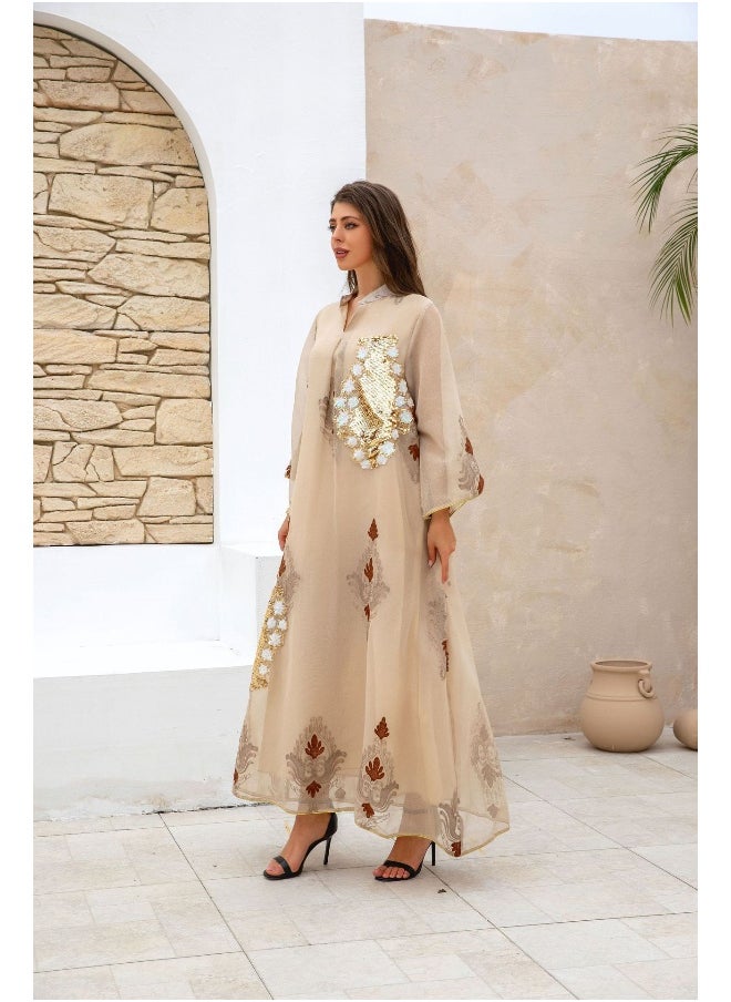 Women's Long Abaya Dress with Beaded Embroidery and Arabic Design