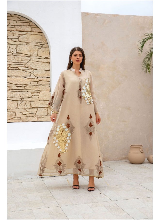 Women's Long Abaya Dress with Beaded Embroidery and Arabic Design