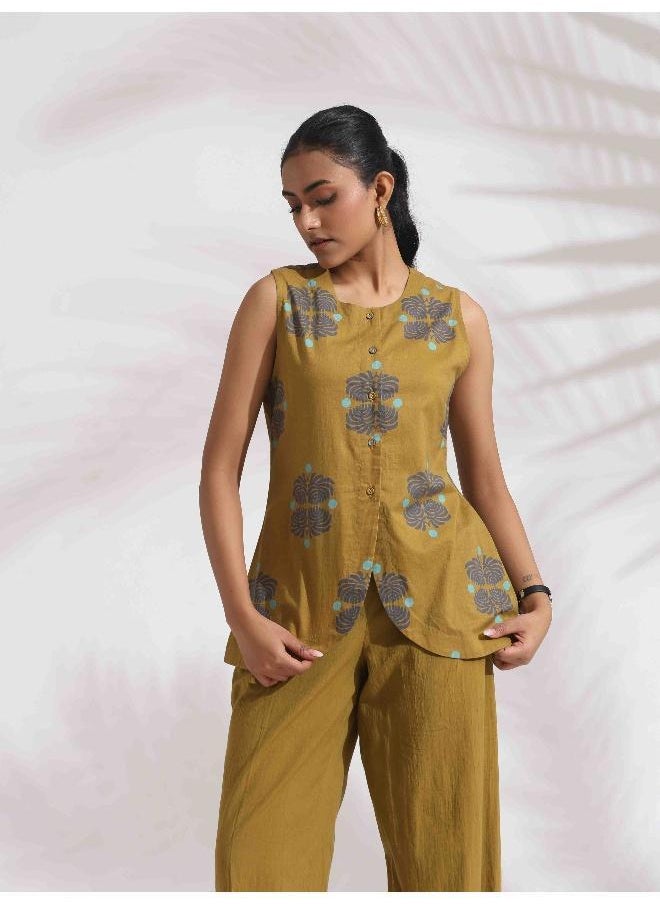 trueBrowns Green Cotton Print Top & Flared Pants Co-ord Set