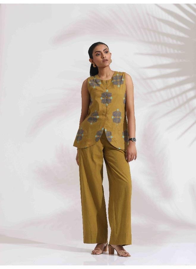 trueBrowns Green Cotton Print Top & Flared Pants Co-ord Set