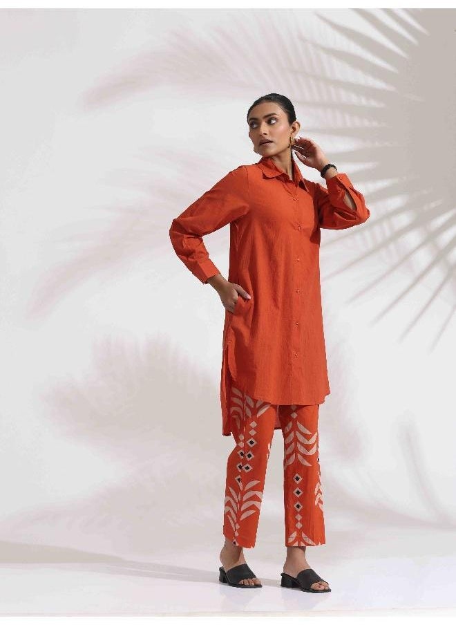 trueBrowns Orange Cotton Solid Shirt Kurta Co-ord Set