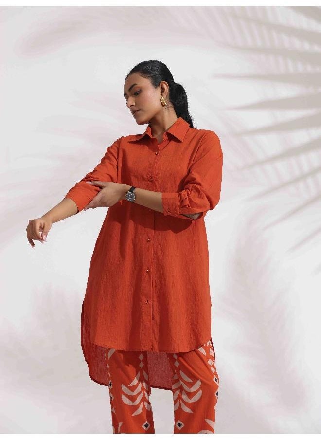 trueBrowns Orange Cotton Solid Shirt Kurta Co-ord Set
