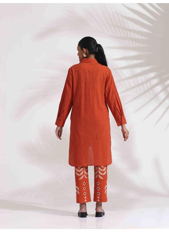 trueBrowns Orange Cotton Solid Shirt Kurta Co-ord Set