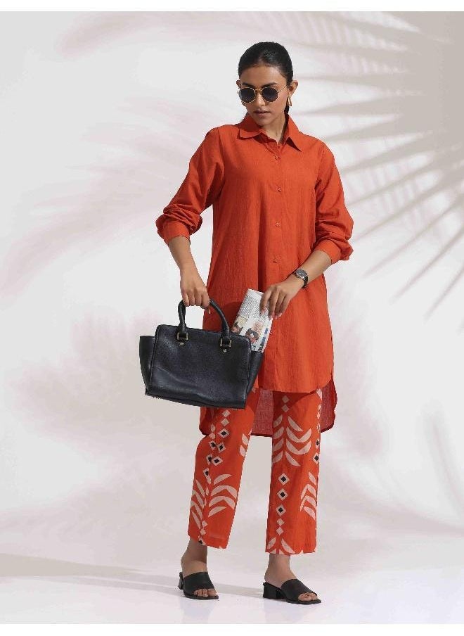 trueBrowns Orange Cotton Solid Shirt Kurta Co-ord Set